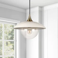 Alvia 14.5" Wide Pendant With Metal/Glass Shade In Pearled White/Brass/Clear -office furniture sale c6d81e607c182ad999af54440c0b27e7ab