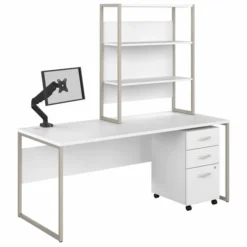 Bush Business Furniture Hybrid 72W X 30D Computer Desk With Hutch, Mobile File Cabinet And Monitor Arm In White