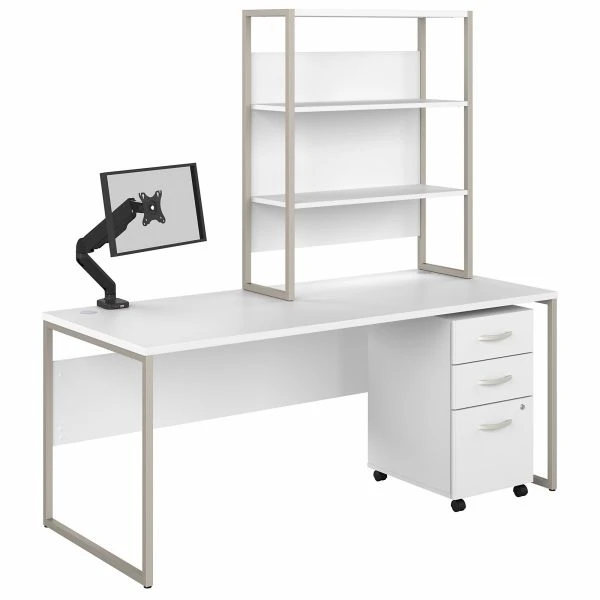 Bush Business Furniture Hybrid 72W X 30D Computer Desk With Hutch, Mobile File Cabinet And Monitor Arm In White 1 Bush Business Furniture Hybrid 72W X 30D Computer Desk With Hutch, Mobile File Cabinet And Monitor Arm In White