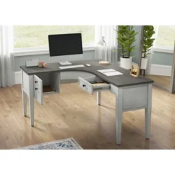 Whalen Lagron 60"W Wood L-Desk, Arctic White/Shadow Gray -office furniture sale c7c35c77712a5903d1c1ff1ad308b71d0d