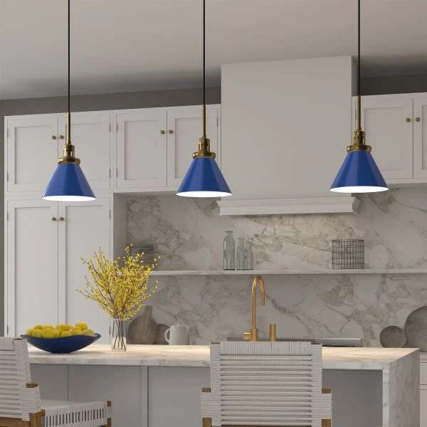 Zeno 8.5" Wide Pendant With Metal Shade In Blue/Brass/Blue 2 Zeno 8.5" Wide Pendant With Metal Shade In Blue/Brass/Blue - Image 2