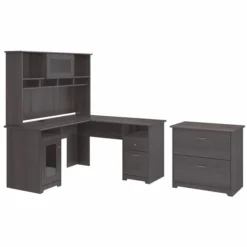 Bush Furniture Cabot 60W L Shaped Computer Desk With Hutch And Lateral File Cabinet In Heather Gray