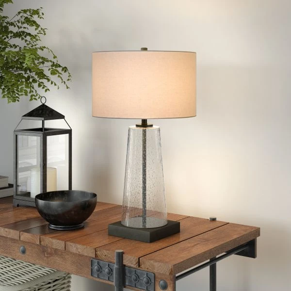 Dax 27.5" Tall Table Lamp With Fabric Shade In Seeded Glass/Blackened Bronze/White 4 Dax 27.5" Tall Table Lamp With Fabric Shade In Seeded Glass/Blackened Bronze/White - Image 4