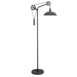 Neo Spoke Wheel Pulley System Floor Lamp With Metal Shade In Aged Steel/Aged Steel