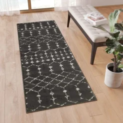 Beth Geometric Bohemian Low Pile Rug - 2' X 6' - Dark Gray/Ivory Polyester
