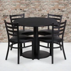 Jamie 36'' Round Black Laminate Table Set With Round Base And 4 Ladder Back Metal Chairs - Black Vinyl Seat