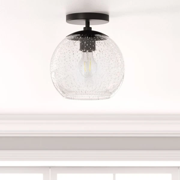 Bartlett 9" Wide Semi Flush Mount With Glass Shade In Matte Black/Seeded 2 Bartlett 9" Wide Semi Flush Mount With Glass Shade In Matte Black/Seeded - Image 2