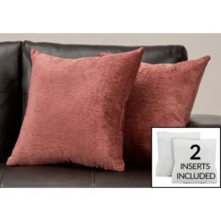 Monarch Specialties Pillows, Set Of 2, 18 X 18 Square, Insert Included, Decorative Throw, Accent, Sofa, Couch, Bedroom, Pink Hypoallergenic Polyester, Modern