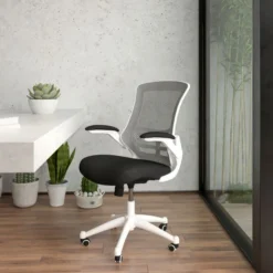 Kelista Mid-Back Black Mesh Swivel Ergonomic Task Office Chair With White Frame And Flip-Up Arms