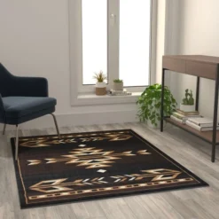 Amado Collection Southwestern 4' X 5' Brown Area Rug - Olefin Accent Rug With Jute Backing - Living Room, Bedroom, Entryway