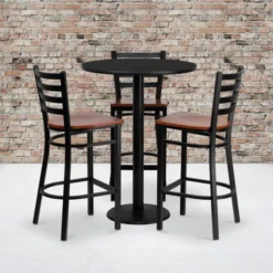 Clark 30'' Round Black Laminate Table Set With 3 Ladder Back Metal Barstools - Cherry Wood Seat