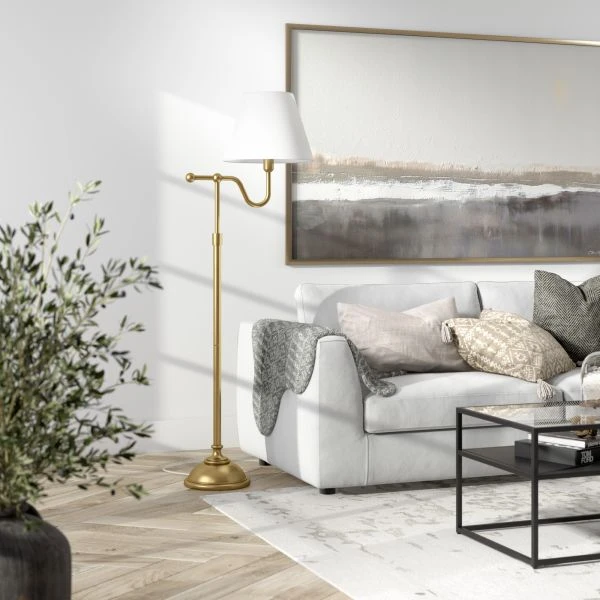 Wellesley 63" Tall Floor Lamp With Fabric Shade In Brass/White 2 Wellesley 63" Tall Floor Lamp With Fabric Shade In Brass/White - Image 2