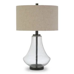 Lagos 23" Tall Table Lamp With Fabric Shade In Seeded Glass/Blackened Bronze/Flax