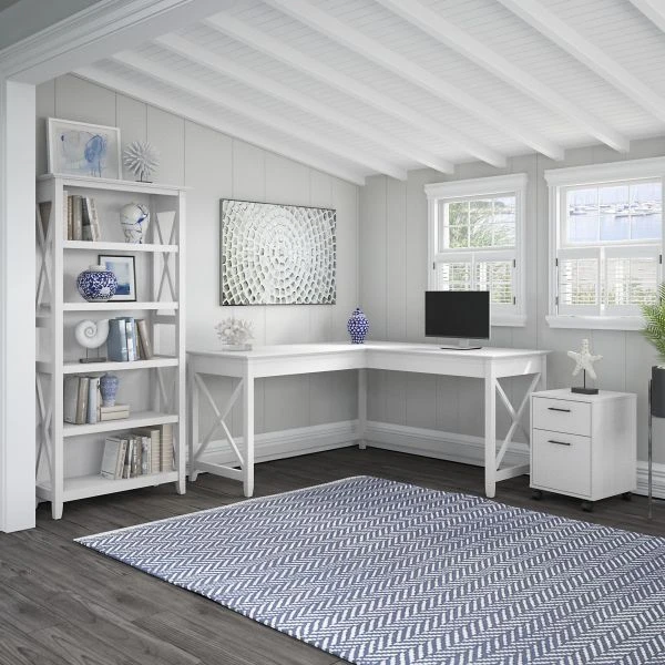 Bush Furniture Key West 60W L Shaped Desk With 2 Drawer Mobile File Cabinet And 5 Shelf Bookcase In Pure White Oak 2 Bush Furniture Key West 60W L Shaped Desk With 2 Drawer Mobile File Cabinet And 5 Shelf Bookcase In Pure White Oak - Image 2