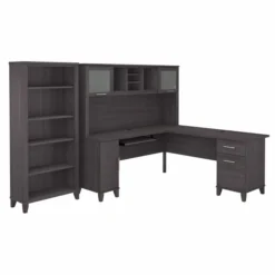 Bush Furniture Somerset 72W L Shaped Desk With Hutch And 5 Shelf Bookcase In Storm Gray