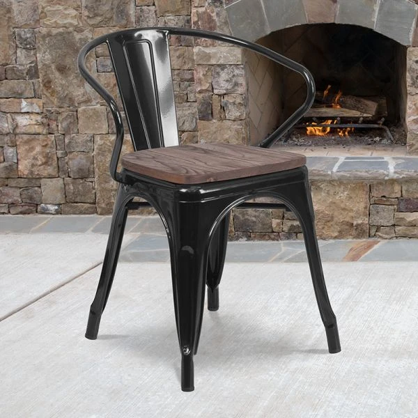 Luna Black Metal Chair With Wood Seat And Arms 2 Luna Black Metal Chair With Wood Seat And Arms - Image 2