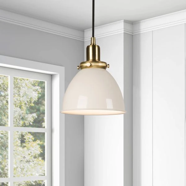 Madison 8" Wide Pendant With Metal Shade In Pearled White/Brass/Pearled White 9 Madison 8" Wide Pendant With Metal Shade In Pearled White/Brass/Pearled White - Image 9