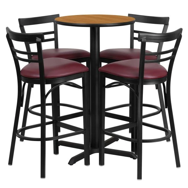 Carlton 24'' Round Natural Laminate Table Set With X-Base And 4 Two-Slat Ladder Back Metal Barstools - Burgundy Vinyl Seat 2 Carlton 24'' Round Natural Laminate Table Set With X-Base And 4 Two-Slat Ladder Back Metal Barstools - Burgundy Vinyl Seat - Image 2