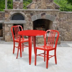 Craig Commercial Grade 30" Round Red Metal Indoor-Outdoor Table Set With 2 Vertical Slat Back Chairs