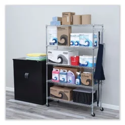 Alera 5-Shelf Wire Shelving Kit With Casters And Shelf Liners, 48w X 18d X 72h, Silver -office furniture sale cea6018561fcaefba377b1d3e27dd91149