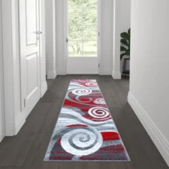 Cirrus Collection 2' X 7' Red Swirl Patterned Olefin Area Rug With Jute Backing For Entryway, Living Room, Bedroom