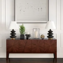 Carleta 26.5" Tall Triple Gourd Table Lamp With Fabric Shade In Matte Black/White -office furniture sale cf20d23893d4b075803a4b9a749cff5bf2