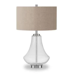 Lagos 23" Tall Table Lamp With Fabric Shade In Seeded Glass/Polished Nickel/Flax