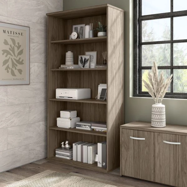 Bush Business Furniture Hybrid Tall 5 Shelf Bookcase In Modern Hickory 5 Bush Business Furniture Hybrid Tall 5 Shelf Bookcase In Modern Hickory - Image 5