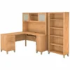 Bush Furniture Somerset 60W L Shaped Desk With Hutch And 5 Shelf Bookcase In Maple Cross