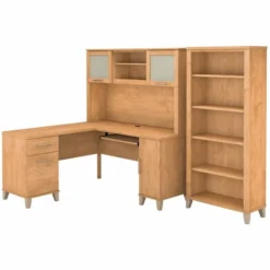 Bush Furniture Somerset 60W L Shaped Desk With Hutch And 5 Shelf Bookcase In Maple Cross