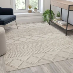 Melissa 5' X 7' Ivory & White Geometric Design Handwoven Area Rug - Wool/Polyester/Cotton Blend