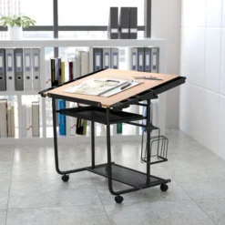 Flash Furniture Adjustable Drawing And Drafting Table With Black Frame And Dual Wheel Casters [NAN-JN-2739-GG]