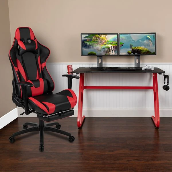Optis Red Gaming Desk And Red/Black Footrest Reclining Gaming Chair Set With Cup Holder And Headphone Hook 2 Optis Red Gaming Desk And Red/Black Footrest Reclining Gaming Chair Set With Cup Holder And Headphone Hook - Image 2