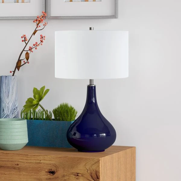 Mirabella 25.5" Tall Table Lamp With Fabric Shade In Navy Blue Glass/White 4 Mirabella 25.5" Tall Table Lamp With Fabric Shade In Navy Blue Glass/White - Image 4