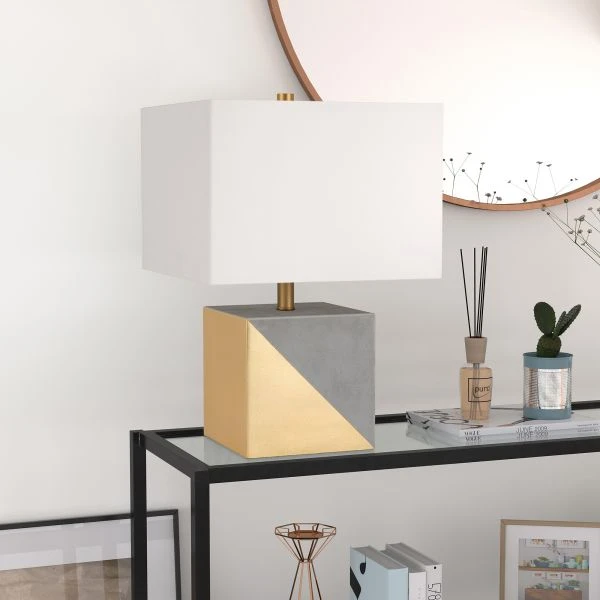 Severin 18.5" Tall Gold-Dipped Concrete Table Lamp With Fabric Shade In Gold And Concrete/White 2 Severin 18.5" Tall Gold-Dipped Concrete Table Lamp With Fabric Shade In Gold And Concrete/White - Image 2