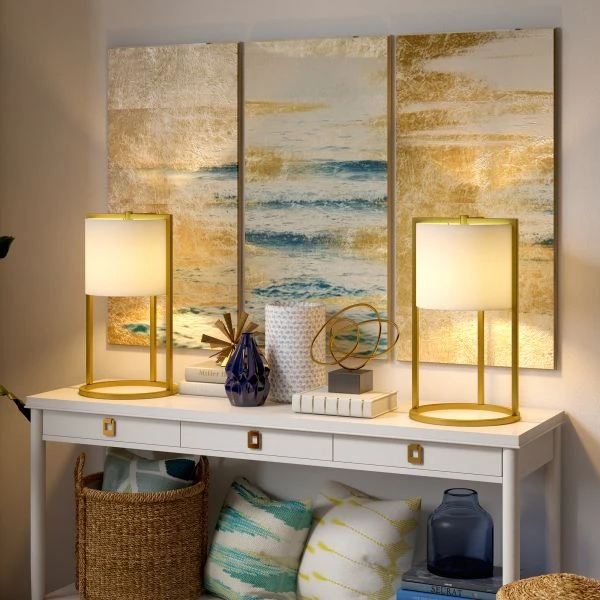 Peyton 22" Tall Asymmetric Table Lamp With Fabric Shade In Brass/White 2 Peyton 22" Tall Asymmetric Table Lamp With Fabric Shade In Brass/White - Image 2