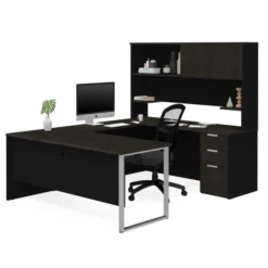 Bestar Pro-Concept Plus U-Desk With Hutch In Deep Grey & Black