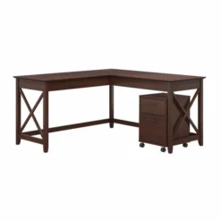 Bush Furniture Key West 60W L Shaped Desk With 2 Drawer Mobile File Cabinet In Bing Cherry