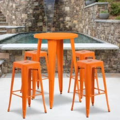 Flash Furniture 24'' Round Orange Metal Indoor-Outdoor Bar Table Set With 4 Square Seat Backless Barstools