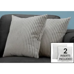 Monarch Specialties Pillows, Set Of 2, 18 X 18 Square, Insert Included, Decorative Throw, Accent, Sofa, Couch, Bedroom, Grey And Black Hypoallergenic Polyester, Modern
