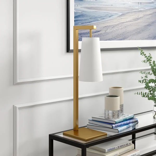 Moser 26" Tall Table Lamp With Fabric Shade In Brass/White 7 Moser 26" Tall Table Lamp With Fabric Shade In Brass/White - Image 7