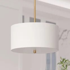 Ellis 16" Wide Pendant With Fabric Shade In Brass/White -office furniture sale d75ef347b4aba330ab3c1b961451919235