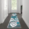 Cirrus Collection 2' X 7' Turquoise Swirl Patterned Olefin Area Rug With Jute Backing For Entryway, Living Room, Bedroom