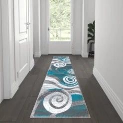 Cirrus Collection 2' X 7' Turquoise Swirl Patterned Olefin Area Rug With Jute Backing For Entryway, Living Room, Bedroom