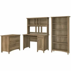 Bush Furniture Salinas Mission Desk With Hutch, Lateral File Cabinet And 5 Shelf Bookcase In Reclaimed Pine