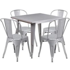 Foster Commercial Grade 31.5" Square Silver Metal Indoor-Outdoor Table Set With 4 Stack Chairs
