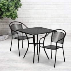 Oia Commercial Grade 28" Square Black Indoor-Outdoor Steel Patio Table Set With 2 Round Back Chairs