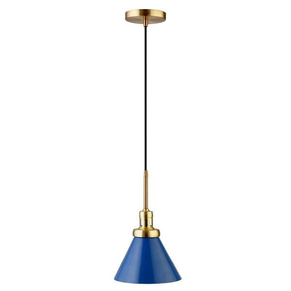 Zeno 8.5" Wide Pendant With Metal Shade In Blue/Brass/Blue 1 Zeno 8.5" Wide Pendant With Metal Shade In Blue/Brass/Blue