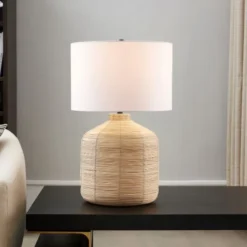 Jolina 27" Tall Oversized/Rattan Table Lamp With Fabric Shade In Natural Rattan/White -office furniture sale d917ec452bb9158cd48cbdf134c79b3761