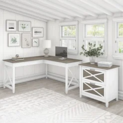 Bush Furniture Key West 60W L Shaped Desk With 2 Drawer Lateral File Cabinet In Pure White And Shiplap Gray -office furniture sale d9733f92b63425ac3257a8f01141ff820e